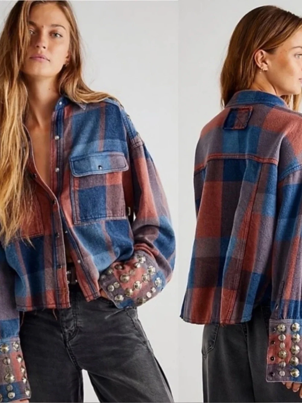 FREE PEOPLE Austin Plaid Studded Shacket Plaid Jacket Small - Picture 8 of 8
